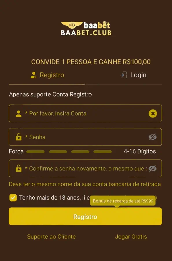 Tela de cadastro BAABET cassino.